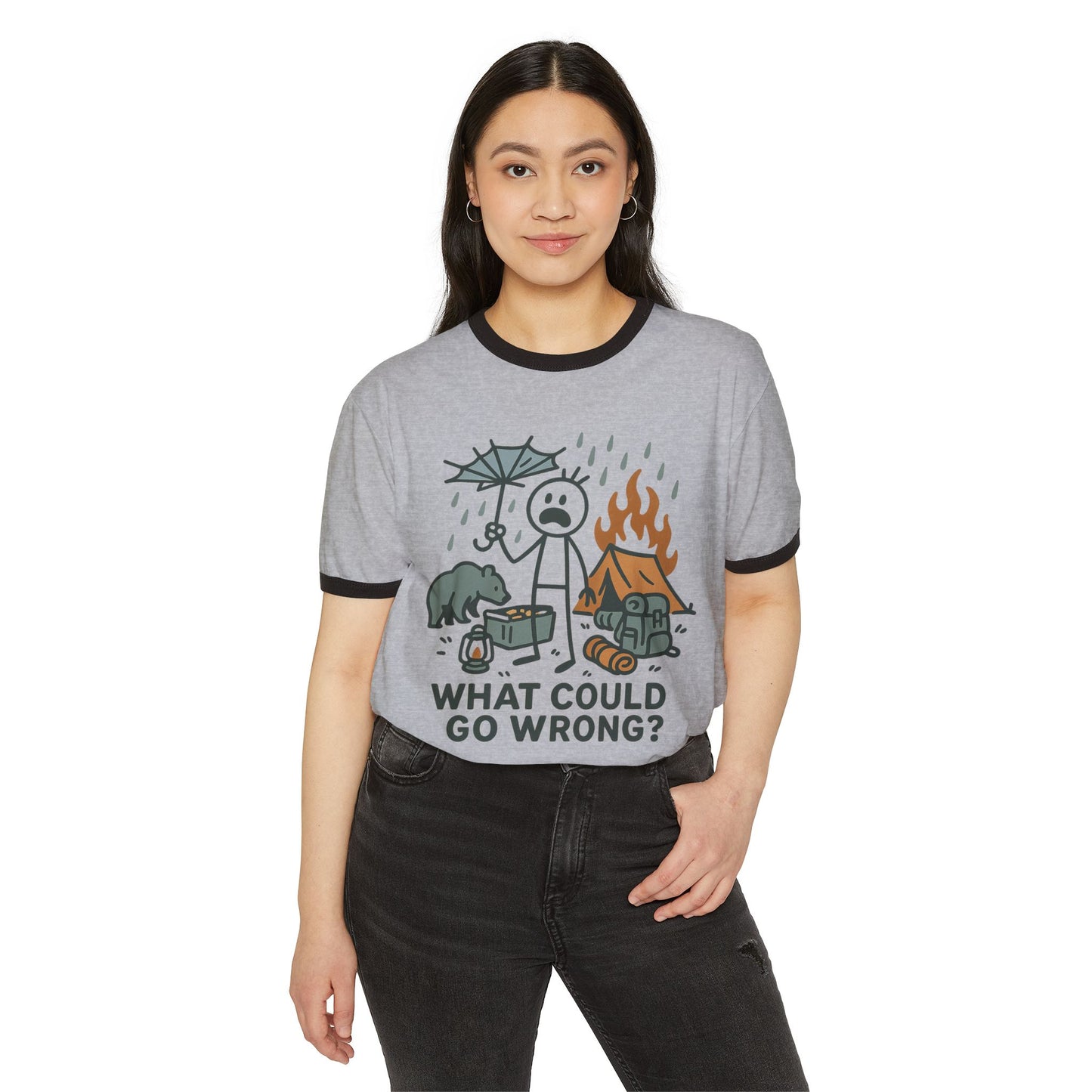 Camping Disaster Graphic T-Shirt — "What Could Go Wrong?" Funny Outdoor Adventure Tee