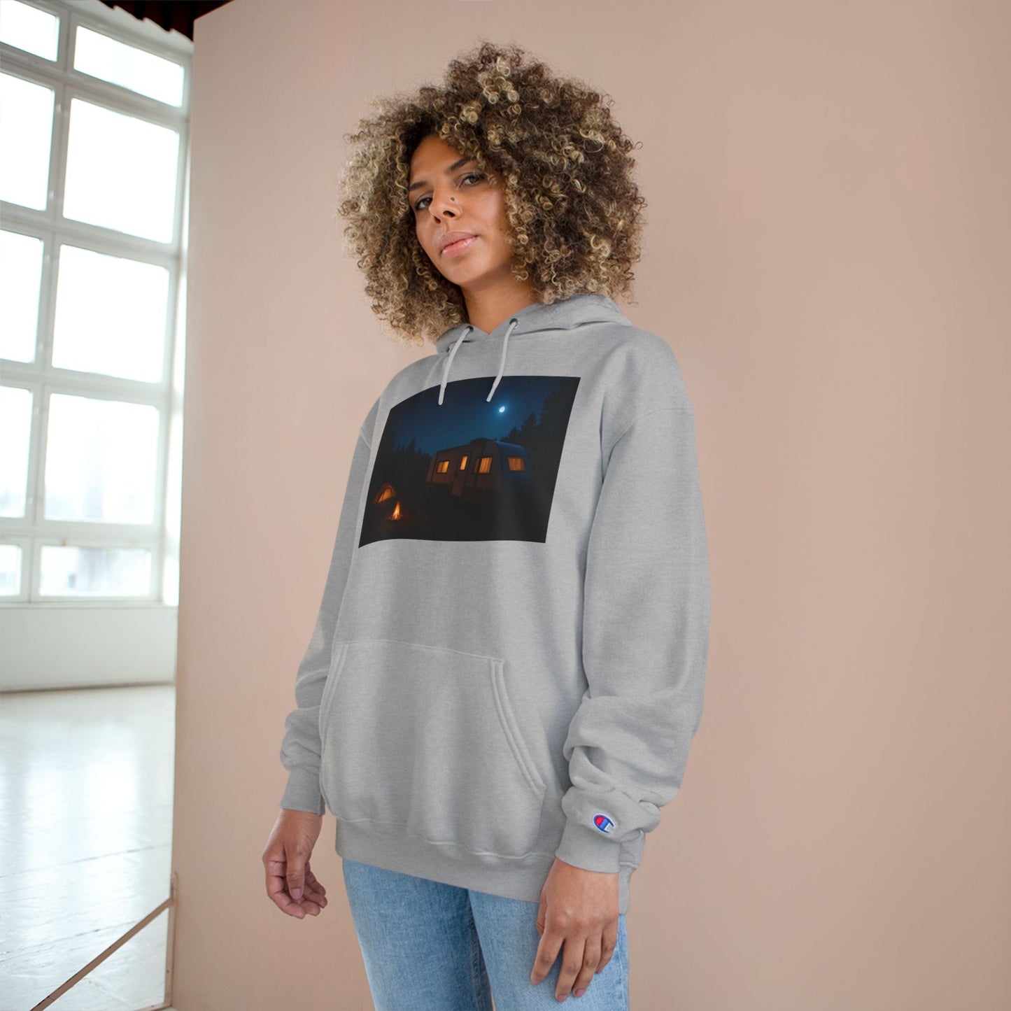 Cozy Nighttime Champion Hoodie - Moonlit Cabin Design