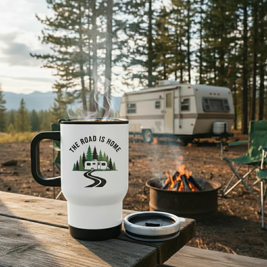 "The Road Is Home" RV Camping Travel Mug — 14oz Stainless Steel Insulated Mug with Handle