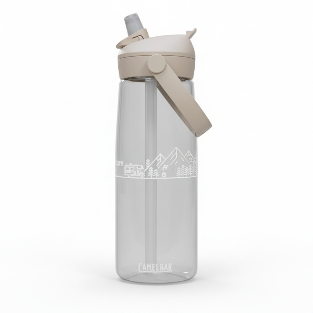 Adventure Fueled 25oz Flip Straw Bottle — Mountain & Camper Design