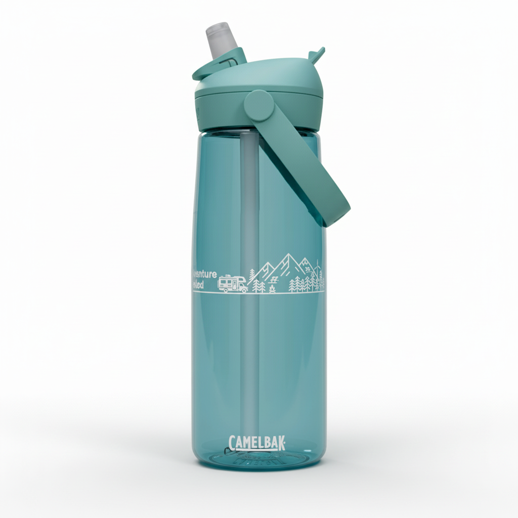 Adventure Fueled 25oz Flip Straw Bottle — Mountain & Camper Design