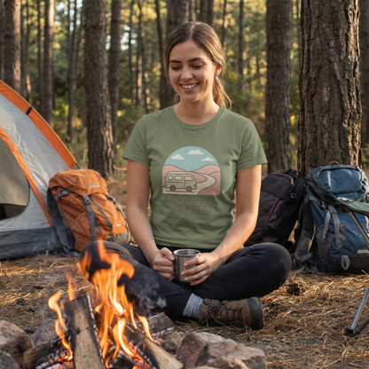 Anywhere Is Fine Tee — Women's Vintage Camper Travel T-Shirt