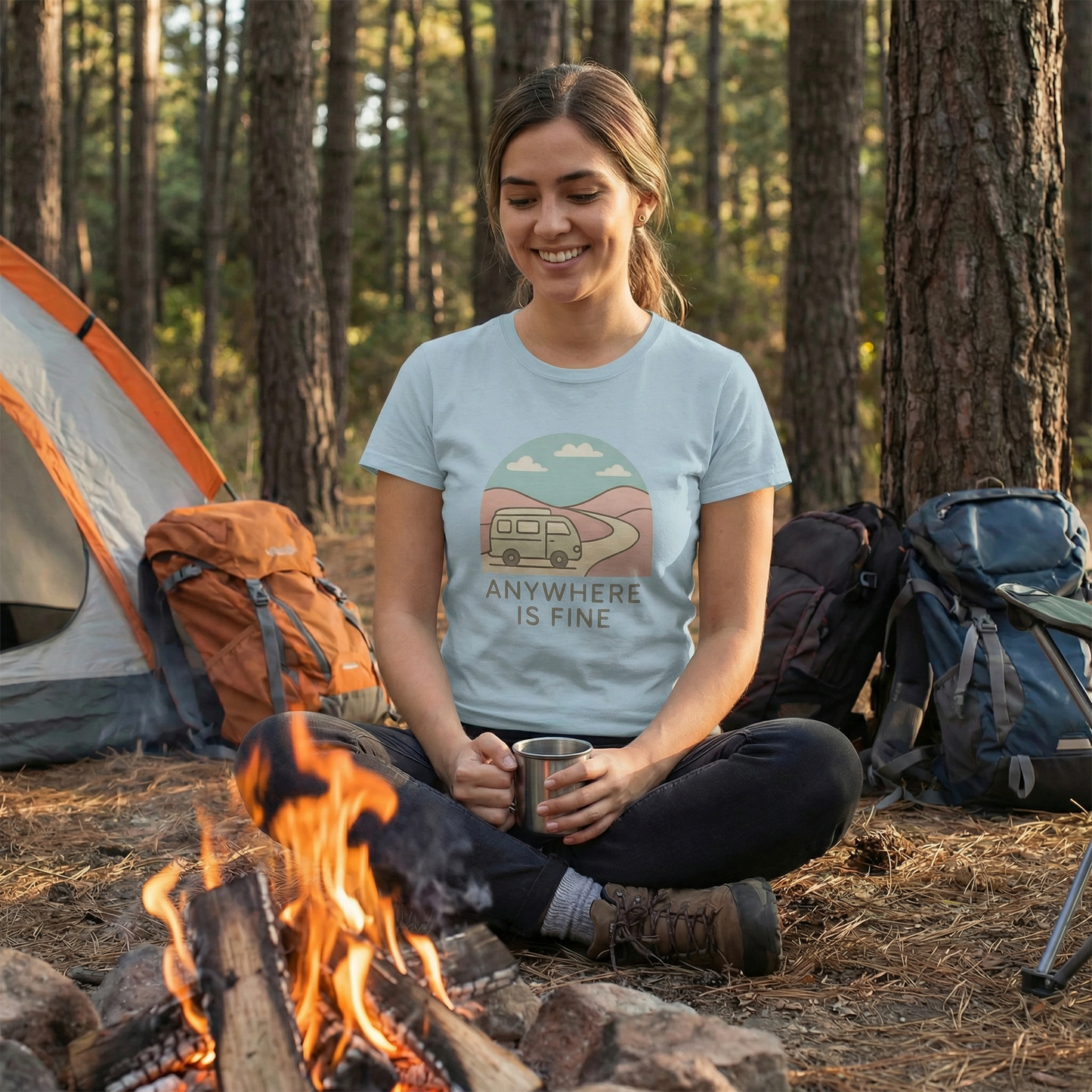 Anywhere Is Fine Tee — Women's Vintage Camper Travel T-Shirt