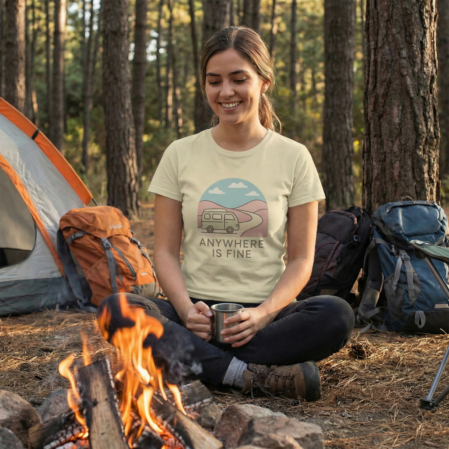 Anywhere Is Fine Tee — Women's Vintage Camper Travel T-Shirt