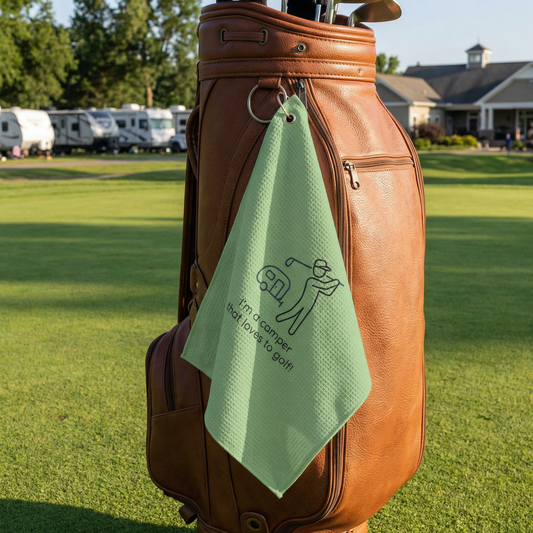 Golf Towel — “I’m a camper that loves to golf” Microfiber Towel with Clip