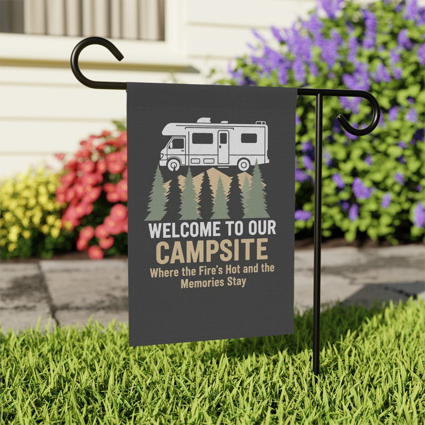 Welcome to Our Campsite Garden Flag — RV Camper Outdoor Banner