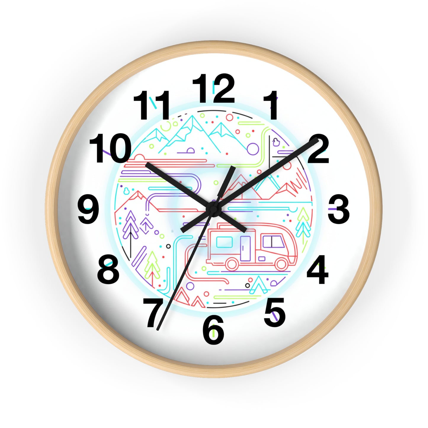 Camping RV Wall Clock — Colorful Mountain Adventure Timepiece