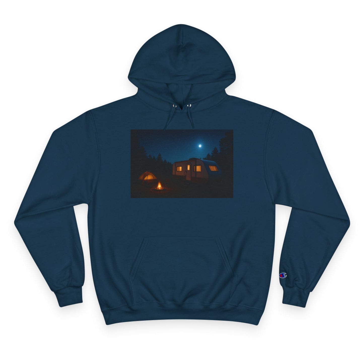 Cozy Nighttime Champion Hoodie - Moonlit Cabin Design