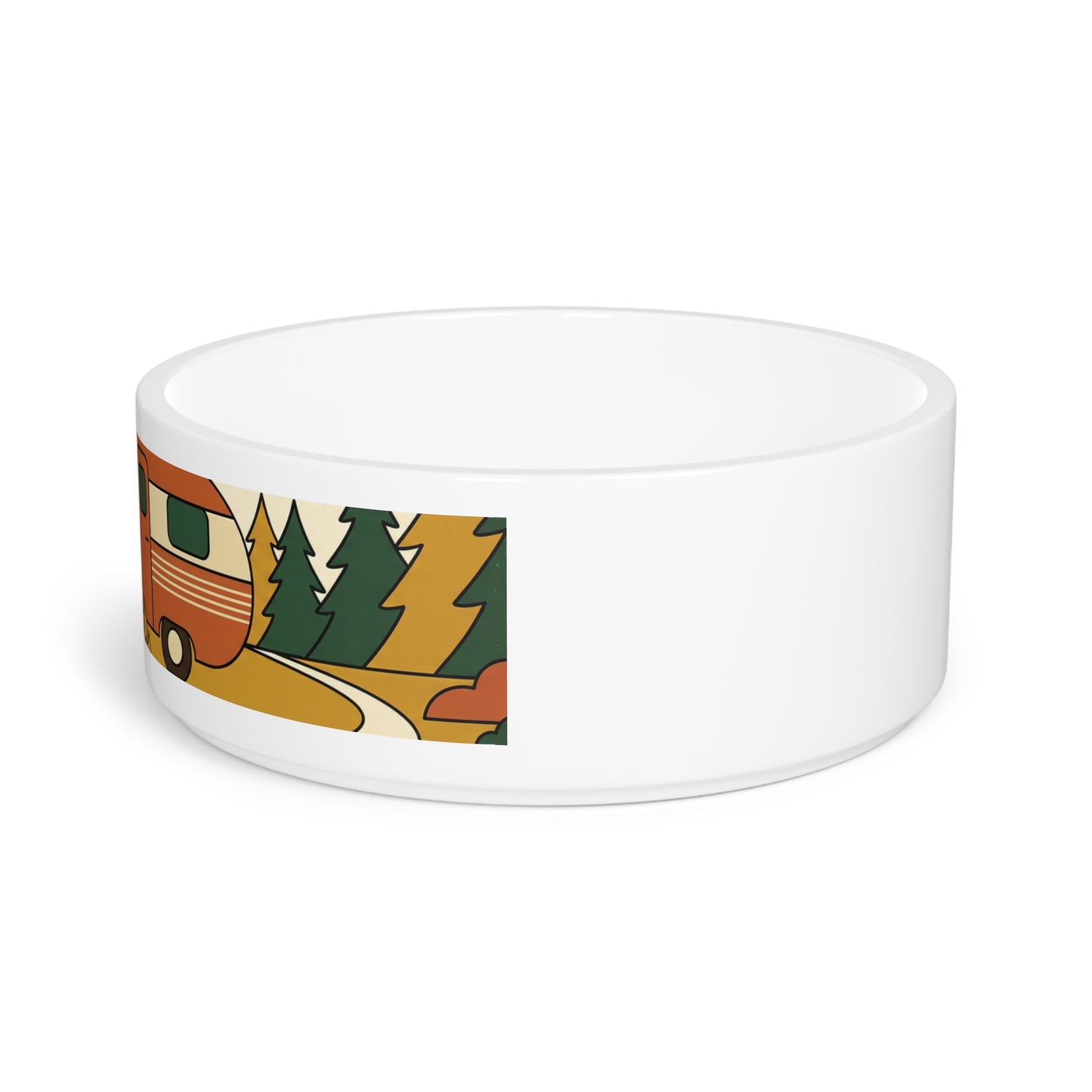 Camping Pup Pet Bowl — Retro Camper & Forest Dog Ceramic Bowl
