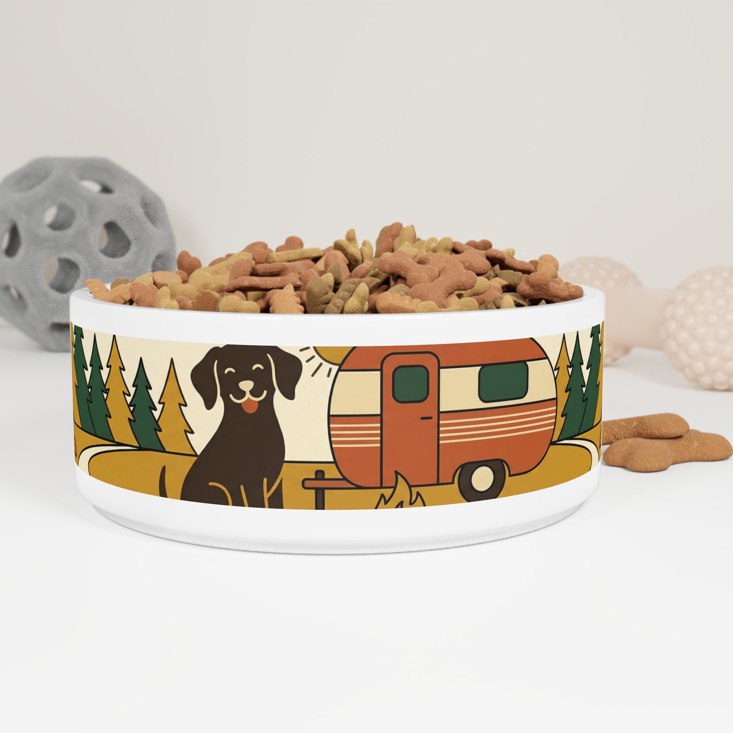 Camping Pup Pet Bowl — Retro Camper & Forest Dog Ceramic Bowl