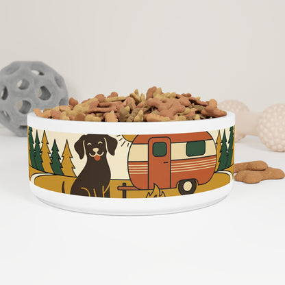 Camping Pup Pet Bowl — Retro Camper & Forest Dog Ceramic Bowl