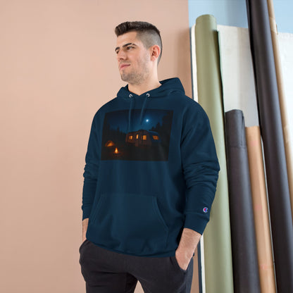 Cozy Nighttime Champion Hoodie - Moonlit Cabin Design
