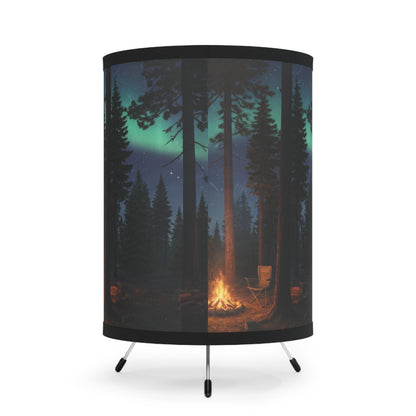 Aurora Night Camper Tripod Lamp — RV Campfire Scene Printed Shade