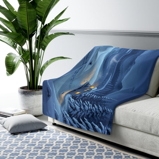 Winter Cabin Sherpa Blanket — Cozy Snowy Night Fleece Throw