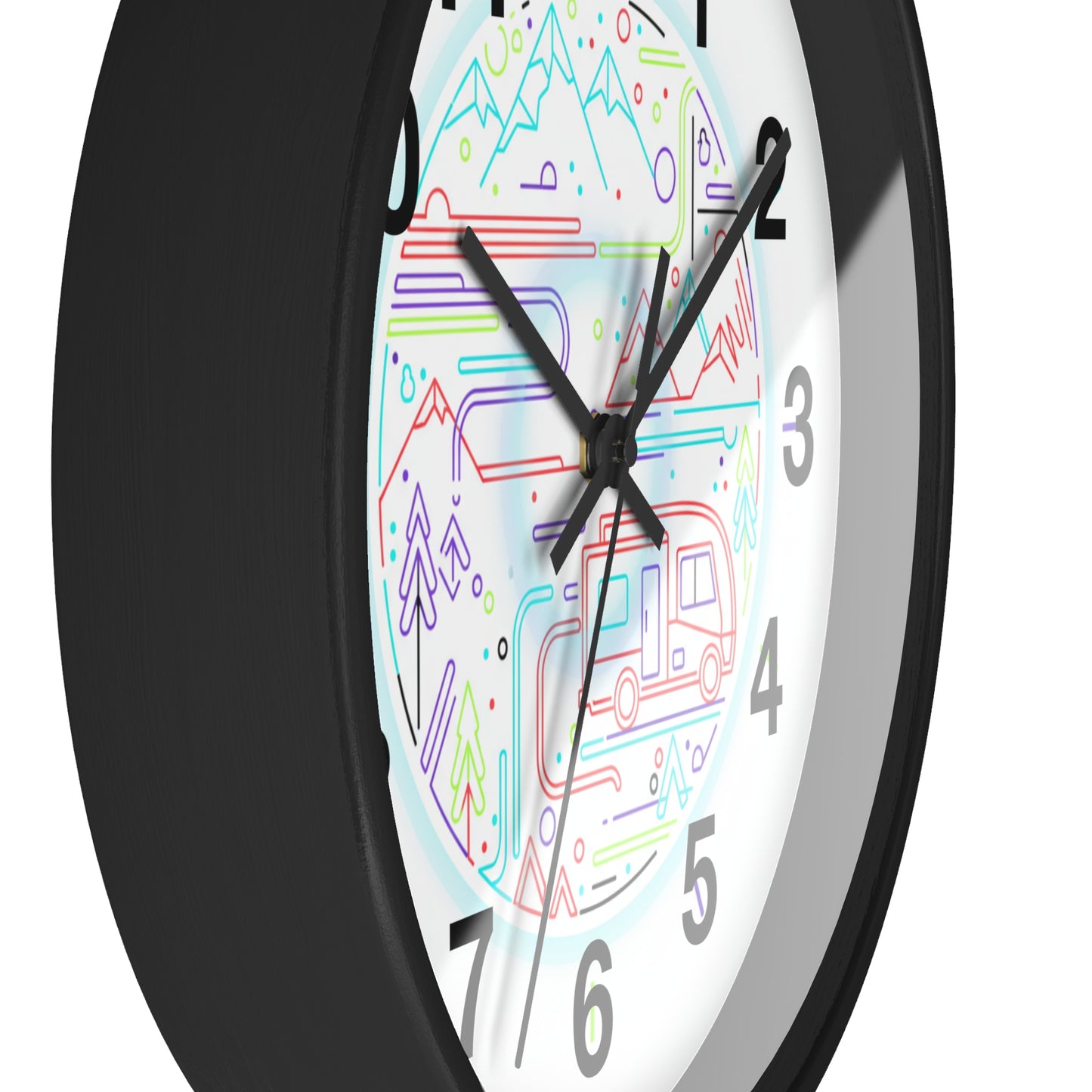 Camping RV Wall Clock — Colorful Mountain Adventure Timepiece