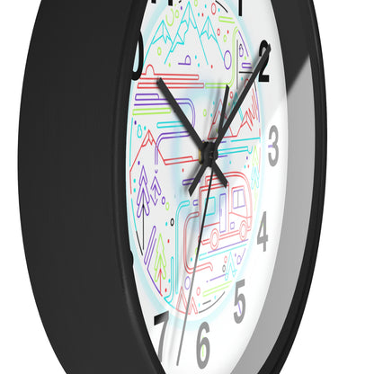 Camping RV Wall Clock — Colorful Mountain Adventure Timepiece