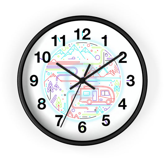 Camping RV Wall Clock — Colorful Mountain Adventure Timepiece