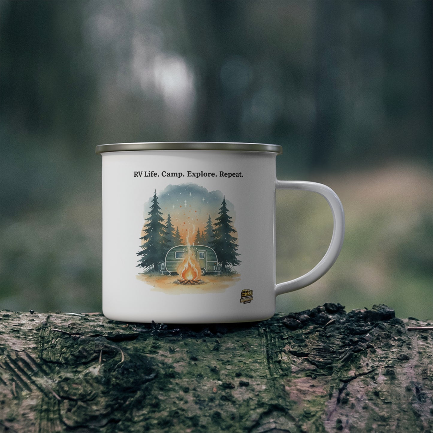 Enamel Camping Mug — "RV Life. Camp. Explore. Repeat." Retro Forest Camper Campfire Design