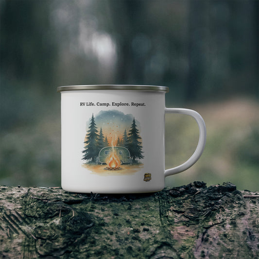 Enamel Camping Mug — "RV Life. Camp. Explore. Repeat." Retro Forest Camper Campfire Design