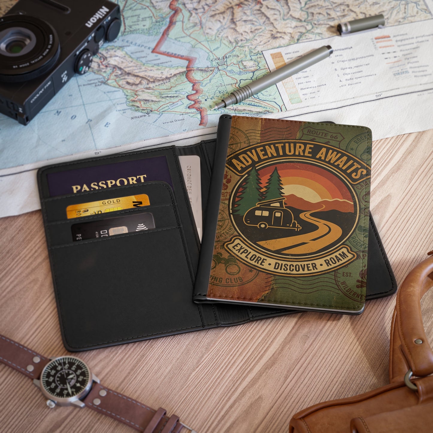 Adventure Awaits Passport Cover — Vintage Camper Travel Wallet