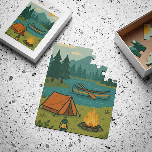 Camping-themed puzzle on a textured surface with packaging and additional pieces.