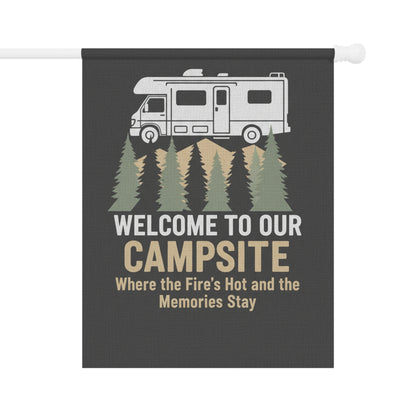 Welcome to Our Campsite Garden Flag — RV Camper Outdoor Banner