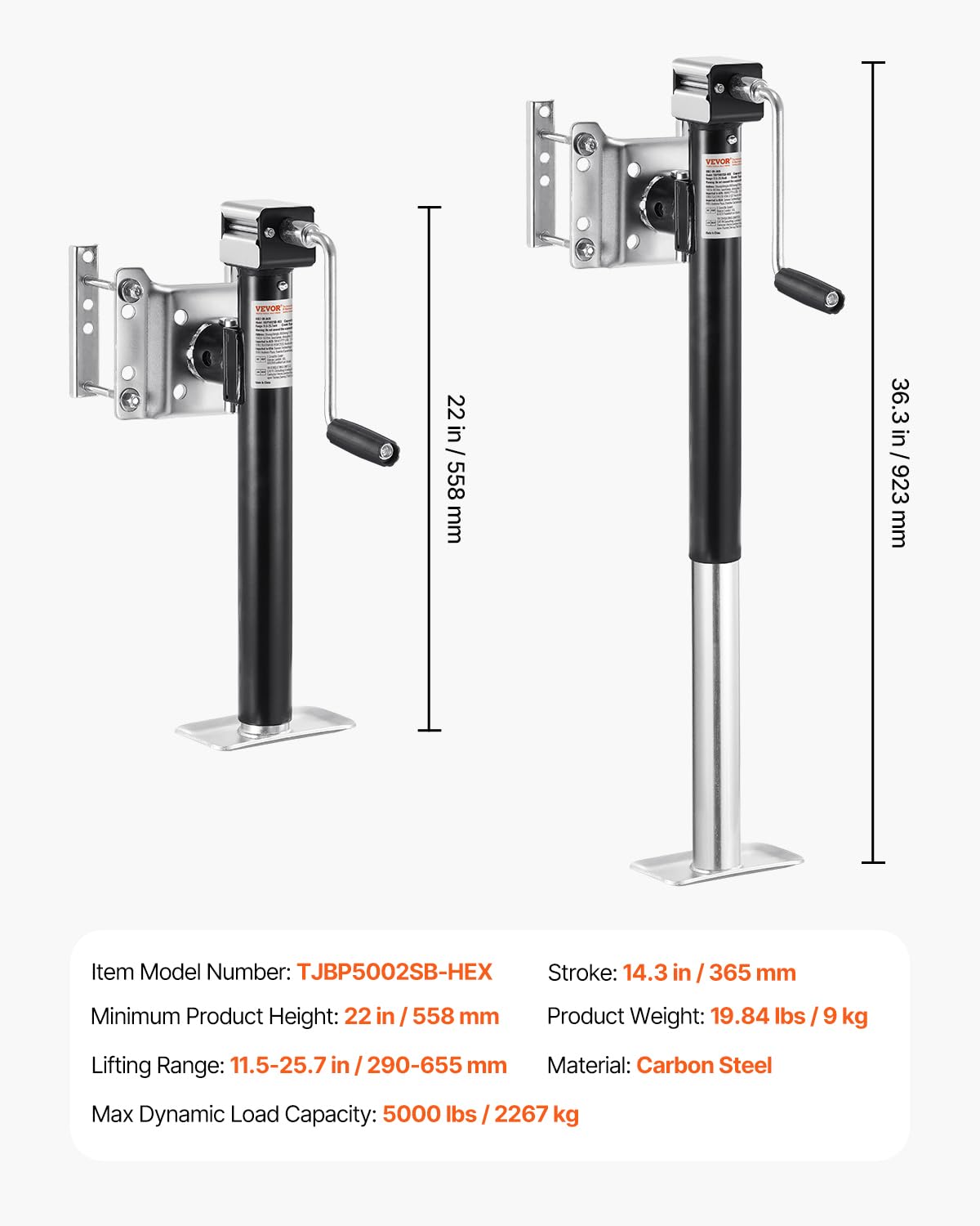 VEVOR Trailer Jack, 5000 lbs Dynamic Load Capacity, Heavy Duty Swivel Bolt-on Trailer Jack, 14.3" Lift Trailer Jack Stand with Handle for RV Trailer, Horse Trailer, Utility Trailer, and Yacht Trailer