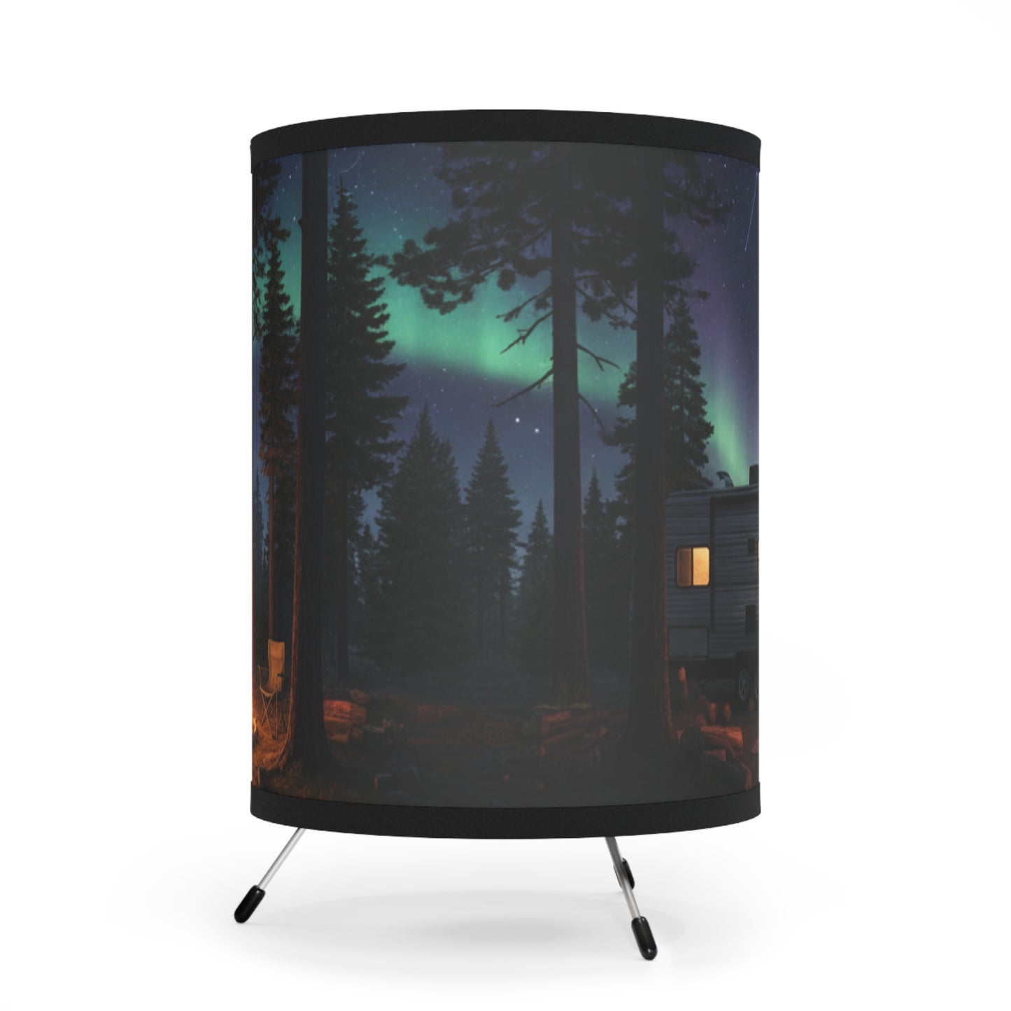 Aurora Night Camper Tripod Lamp — RV Campfire Scene Printed Shade