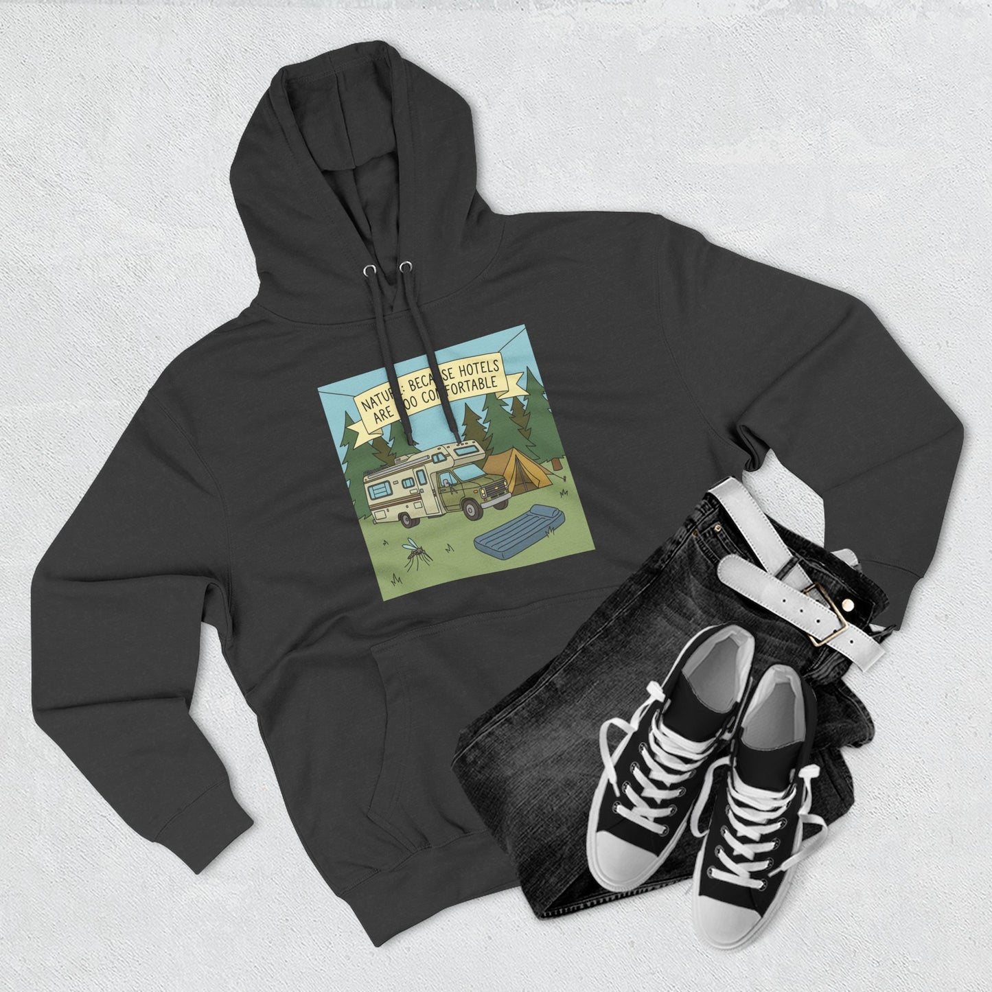 Camping Hoodie — "Nature Beats Hotels" RV & Tent Outdoor Pullover