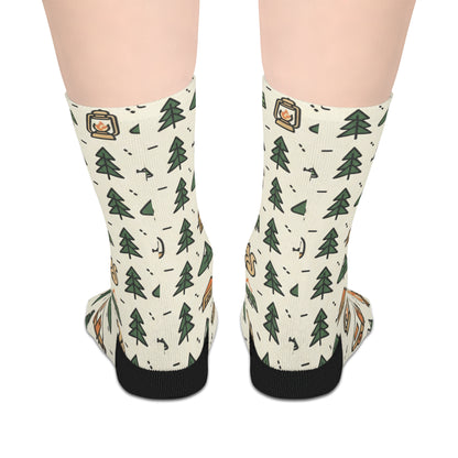 Camping Pattern Mid-Length Socks — Retro Camper, Tents & Pine Trees