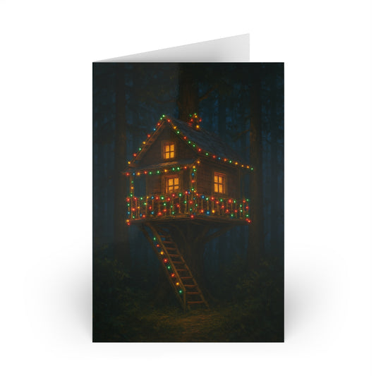 Greeting card with a treehouse decorated with Christmas lights on a dark background