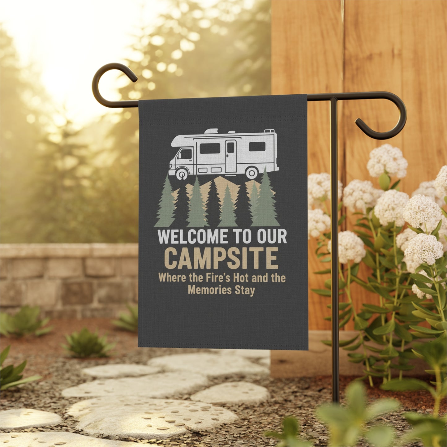 Welcome to Our Campsite Garden Flag — RV Camper Outdoor Banner
