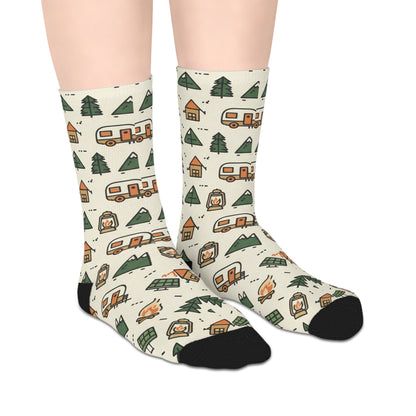 Camping Pattern Mid-Length Socks — Retro Camper, Tents & Pine Trees
