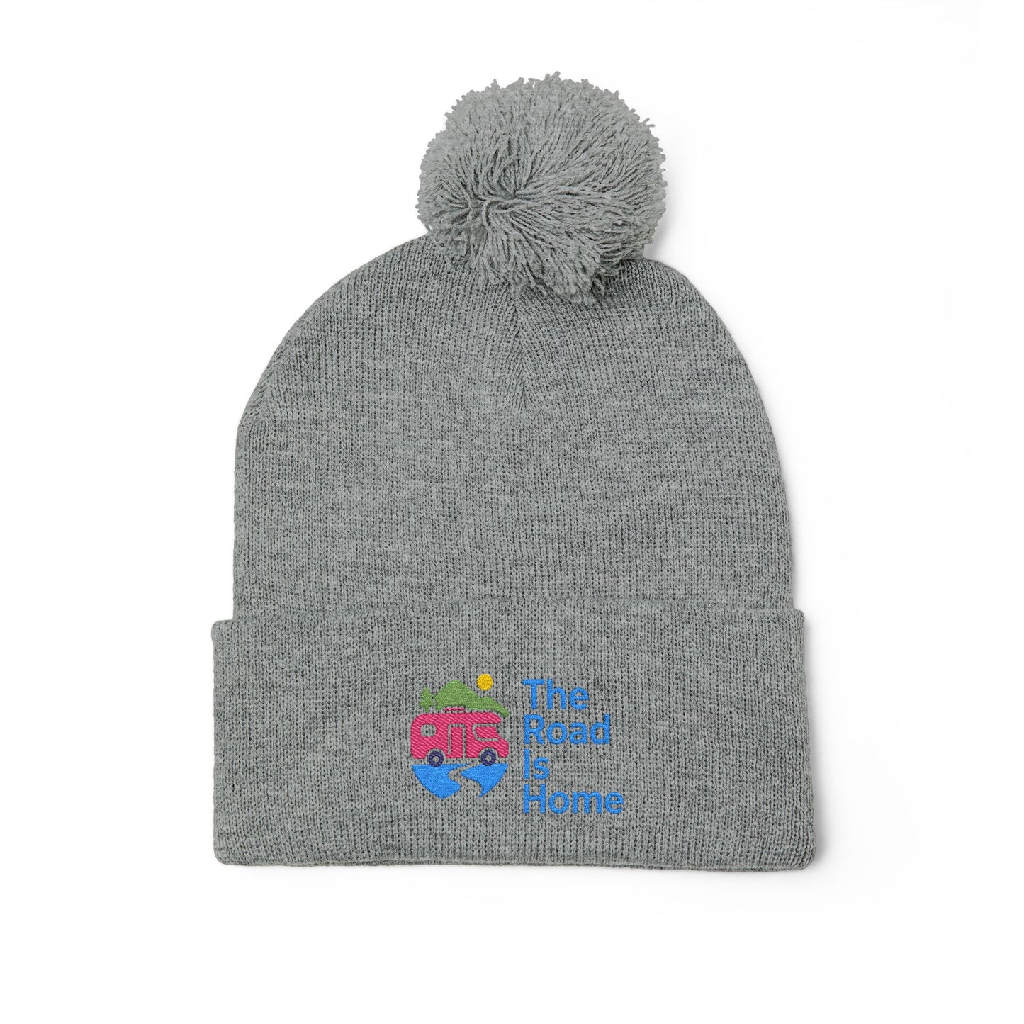 Embroidered Pom-Pom Beanie - 'The Road Less Traveled' Vintage Camper Design