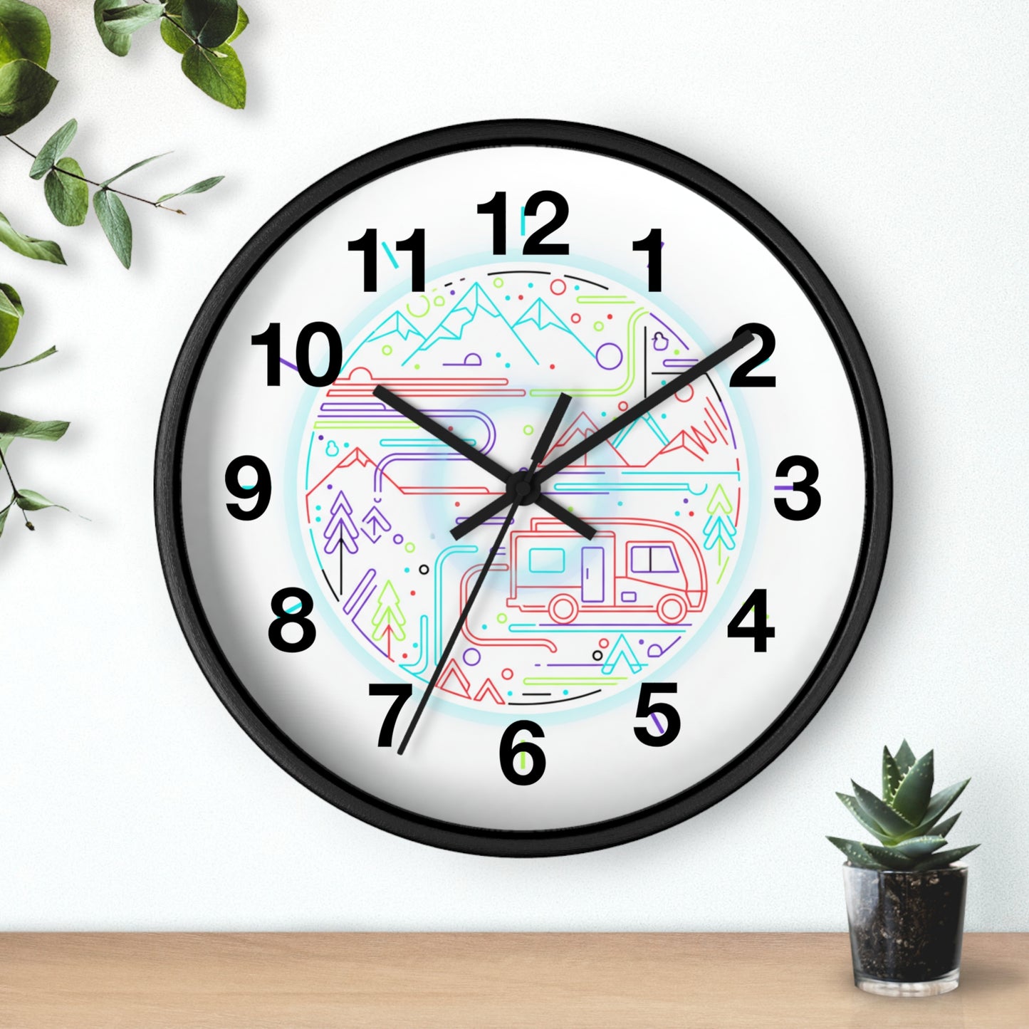 Camping RV Wall Clock — Colorful Mountain Adventure Timepiece
