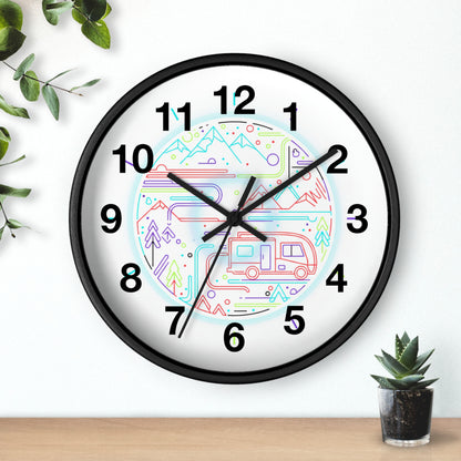 Camping RV Wall Clock — Colorful Mountain Adventure Timepiece