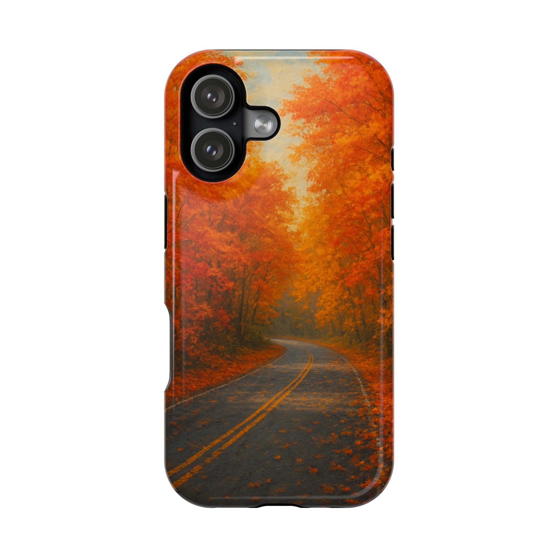Phone case with autumn road and tree design on a white background