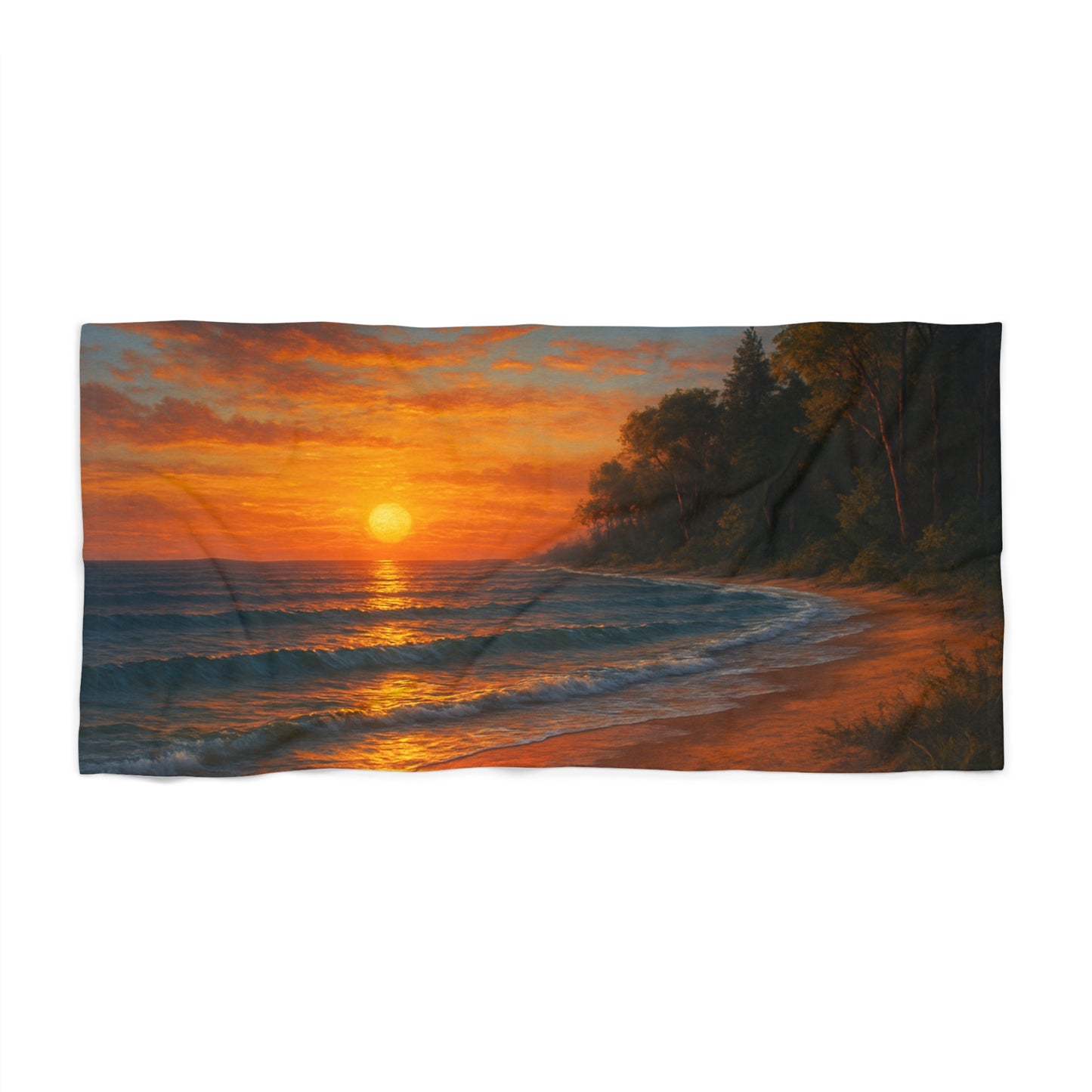 Towel with a sunset over water and trees design
