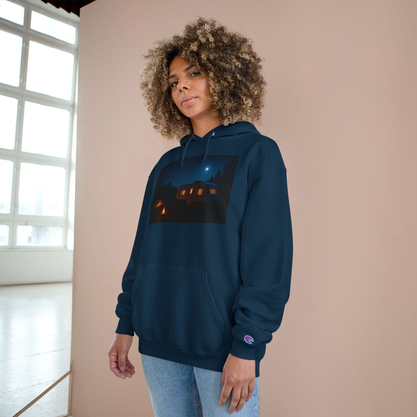 Cozy Nighttime Champion Hoodie - Moonlit Cabin Design