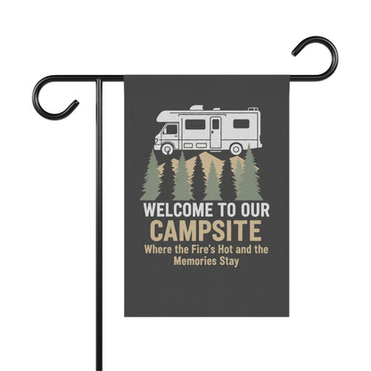 Welcome to Our Campsite Garden Flag — RV Camper Outdoor Banner