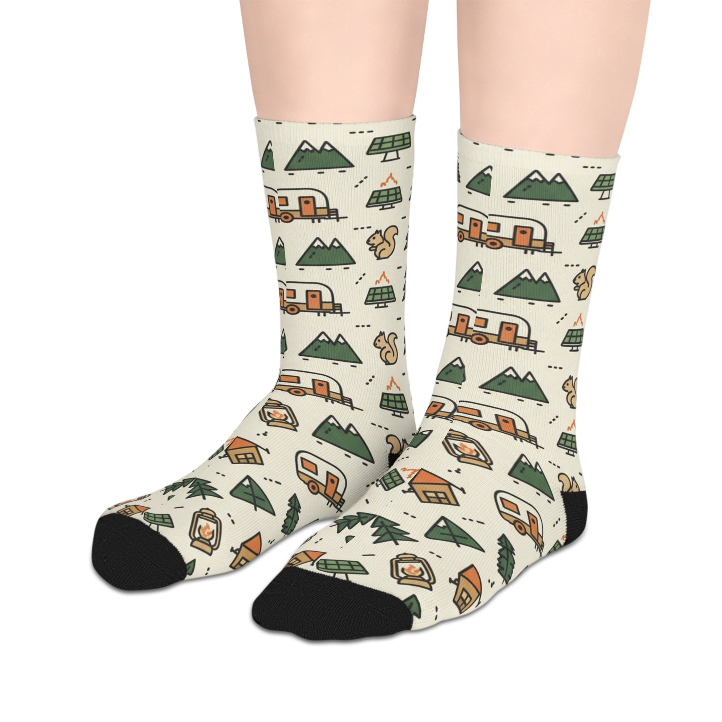 Camping Pattern Mid-Length Socks — Retro Camper, Tents & Pine Trees