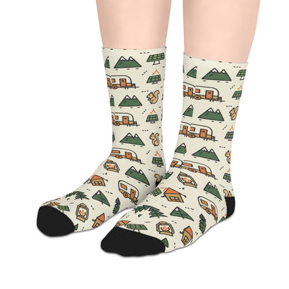 Camping Pattern Mid-Length Socks — Retro Camper, Tents & Pine Trees