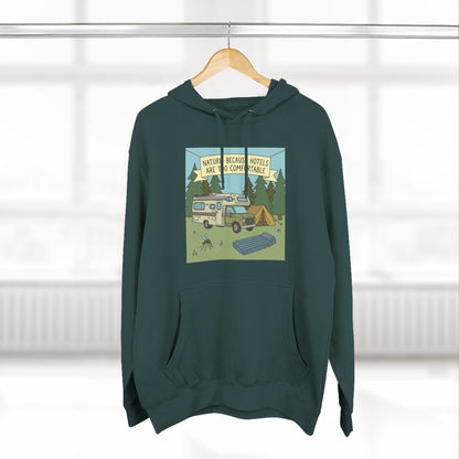 Camping Hoodie — "Nature Beats Hotels" RV & Tent Outdoor Pullover