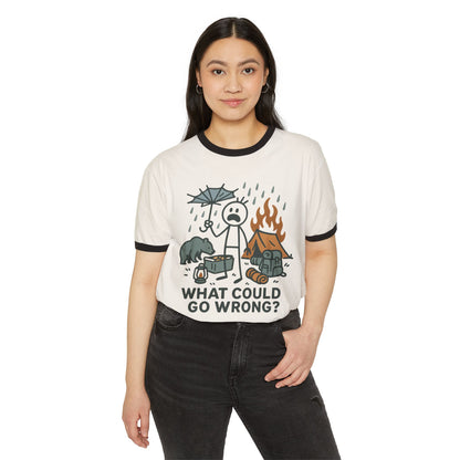 Camping Disaster Graphic T-Shirt — "What Could Go Wrong?" Funny Outdoor Adventure Tee