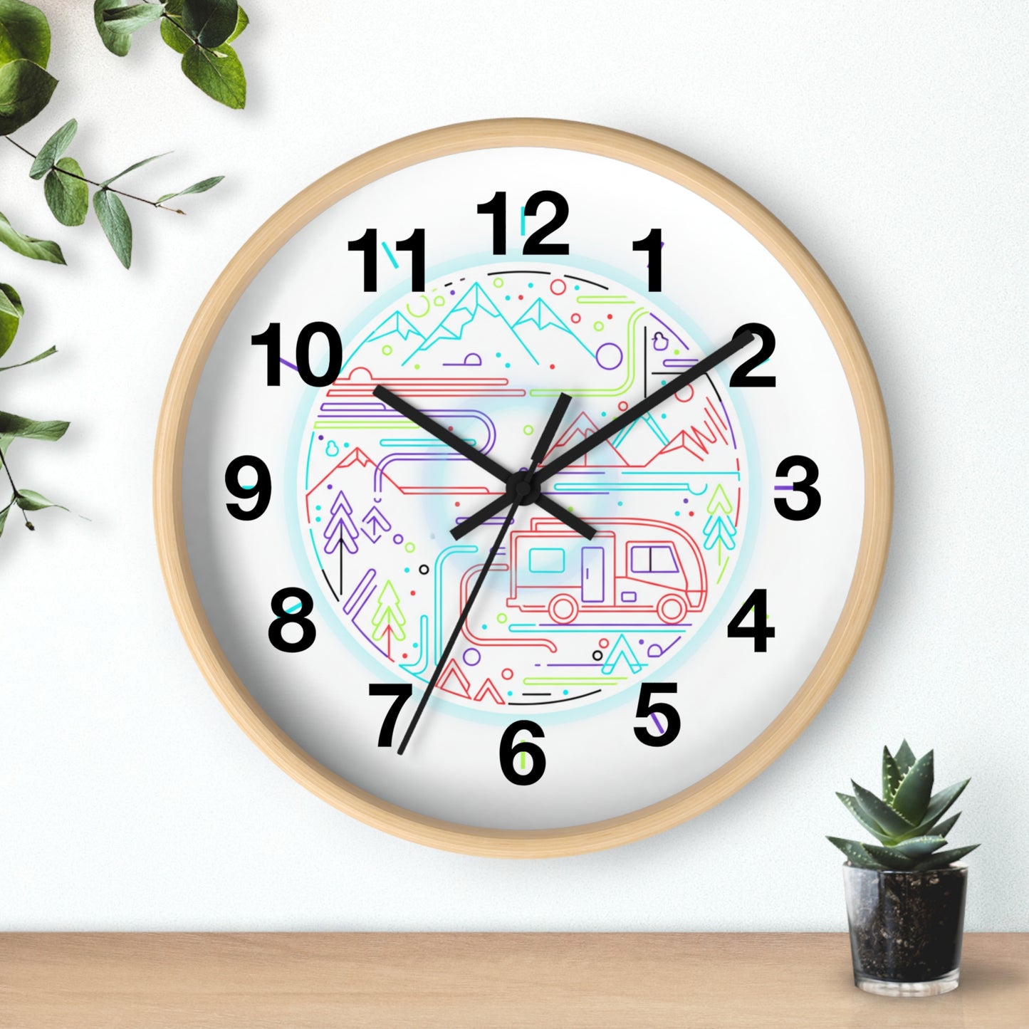 Camping RV Wall Clock — Colorful Mountain Adventure Timepiece