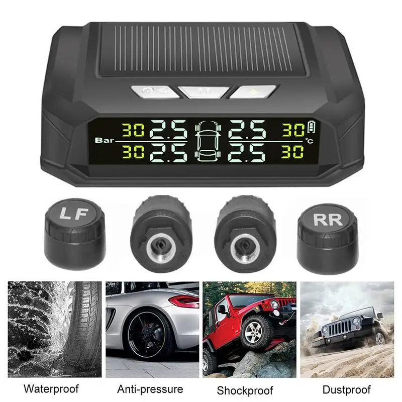 Tire Monitoring System For RV Digital LCD Display Tire Pressure Monitoring System Wireless Solar TPMS 4 Sensors TPMS For Travel